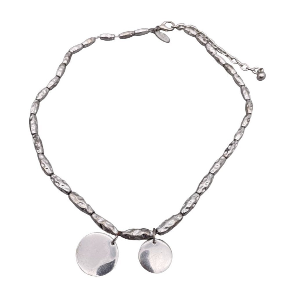 George Necklace Cast Silver Tone Chiseled Elongated Bead Disk Pendant 17"-20"